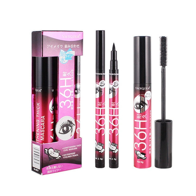 YANQINA Liquid Eyeliner Pencil+Waterproof Mascara Set Cosmetics New Brand Eye Liner Thick Curling Mascara Eyebrow Pencil Makeup